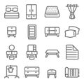 Bedroom furniture icon illustration vector set. Contains such icon as Bed, Mattress, Blanket, Carpet, Dressing table, clothes line