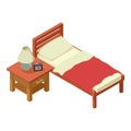 Bedroom furniture icon isometric vector. Single bed and bedside table with lamp Royalty Free Stock Photo