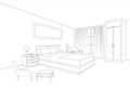 Bedroom furniture interior. Room line sketch drawing