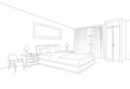 Bedroom furniture interior. Room line sketch drawing