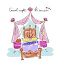 Bedroom for a girl. Princess style: bed, canopy, nightstand, flower.