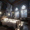 a bedroom in a gothic style with large windows Royalty Free Stock Photo