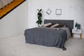 bedroom, gray bed linen in the room