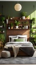a bedroom with green walls and plants on the shelves Farmhouse interior Master Bedroom with Forest Royalty Free Stock Photo
