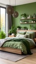 a bedroom with green walls and a wooden bed Farmhouse interior Master Bedroom with Forest Green Royalty Free Stock Photo