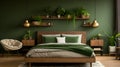 a bedroom with green walls and wooden furniture Minimalist interior Master Bedroom with Forest Green Royalty Free Stock Photo