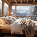 The bedroom has large window frames overlooking the Alpine winter mountains. Eco lodge house