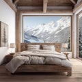 The bedroom has large window frames overlooking the Alpine winter mountains. Ecolodge or eco-lodge house