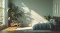 A room with a bed, chair, plants, and window in a building Royalty Free Stock Photo