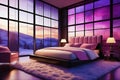 bedroom with huge blown stained glass walls some clear and some light-pink