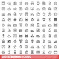 100 bedroom icons set, outline style