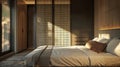 The bedroom incorporates metal grating panels on the wardrobe doors giving the room a sense of openness and texture. The