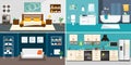 Set of vector interiors with furniture and equipment. Design a living room, kitchen, bathroom, bedroom. Flat style interior, House Royalty Free Stock Photo