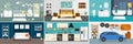 Set of vector interiors with furniture and equipment. Design a living room, kitchen, bathroom, bedroom. Flat style interior, House Royalty Free Stock Photo