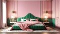 Bedroom interior. Art deco style. Design with green pink and gold color. 3d rendering. Royalty Free Stock Photo