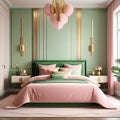 Bedroom interior. Art deco style. Design with green pink and gold color. 3d rendering. Royalty Free Stock Photo