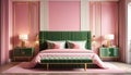 Bedroom interior. Art deco style. Design with green pink and gold color. 3d rendering. Royalty Free Stock Photo