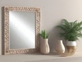 Bedroom interior background with a mockup of a framed mirror, in a pale pastel color. Royalty Free Stock Photo