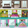 Bedroom interior banners set in flat style. Vector illustration.