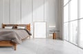 Bedroom interior with bed, linens and nightstand near windows, mockup poster