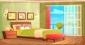 Bedroom interior with a bed, nightstand, wardrobe and window and plant. Vector cartoon illustration Royalty Free Stock Photo