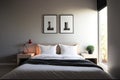 Bedroom interior with bed, paintings, lamp and plant created using generative ai technology Royalty Free Stock Photo