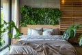 Bedroom interior with bed and vertical garden wall