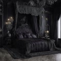 The bedroom interior boasts a captivating black theme, highlighted by a resplendent royal designer bed, exquisite vintage-style Royalty Free Stock Photo