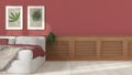 Bedroom interior design background with copy space, wooden panel with shutters, plaster wall in white and red tones with pictures Royalty Free Stock Photo