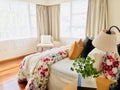 Bedroom interior design. Floral-patterned winsome concept. Royalty Free Stock Photo