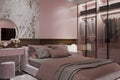 Bedroom interior design with a smart glass oriented closet and marble tiles wall decoration image