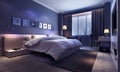 Bedroom interior, evening lighting
