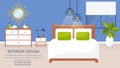 Bedroom interior. Evening time. Vector banner with place for text