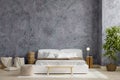 Bedroom interior in farmhouse style,concrete wall mockup