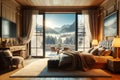 Bedroom interior with French windows from the floor and mountain views