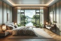 Bedroom interior with French windows from the floor and mountain views and lake