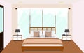 Bedroom interior with furniture Glass window. Vector flat illustration.