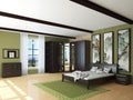 Bedroom Interior with Green Walls, Brown Wardrobe, Bed with Light Linens