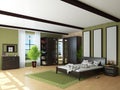 Bedroom Interior with Green Walls, Brown Wardrobe, Bed with Light Linens