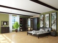 Bedroom Interior with Green Walls, Brown Wardrobe, Bed with Light Linens