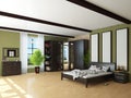 Bedroom Interior with Green Walls, Brown Wardrobe, Bed with Light Linens