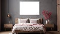 Bedroom interior with horizontal white mock up frame for painting, canvas, picture, photo, poster