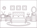 Bedroom interior. Hotel room with double bed. Vector illustration.