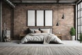 Bedroom interior in loft, industrial style, frame mockup, 3d rende Royalty Free Stock Photo
