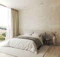 Bedroom interior mockup in boho style with fringed blanket, pillows, white bedding, dried pampas grass, basket lamp and