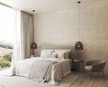 Bedroom interior mockup in boho style with fringed blanket, pillows, white bedding, dried pampas grass, basket lamp and