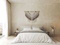 Bedroom interior mockup in boho style with fringed blanket, pillows, white bedding, dried pampas grass, basket lamp and