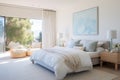 Bedroom Interior with Pastel Blue Shades. Frame Mockup. Copy Space. Generative AI Royalty Free Stock Photo