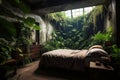 bedroom interior with plants and home garden inside. Dreams and imagination about fairy tales travel. Generative AI