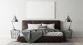 Cozy Bedroom Interior with Dark Brown Bed, White Bedding, Grey Blanket, and Industrial Lamps leather Royalty Free Stock Photo